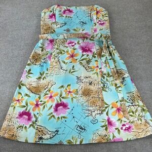 Robin Jordan Strapless Floral Map Print Dress Blue Size 8 Cotton Spandex Travel